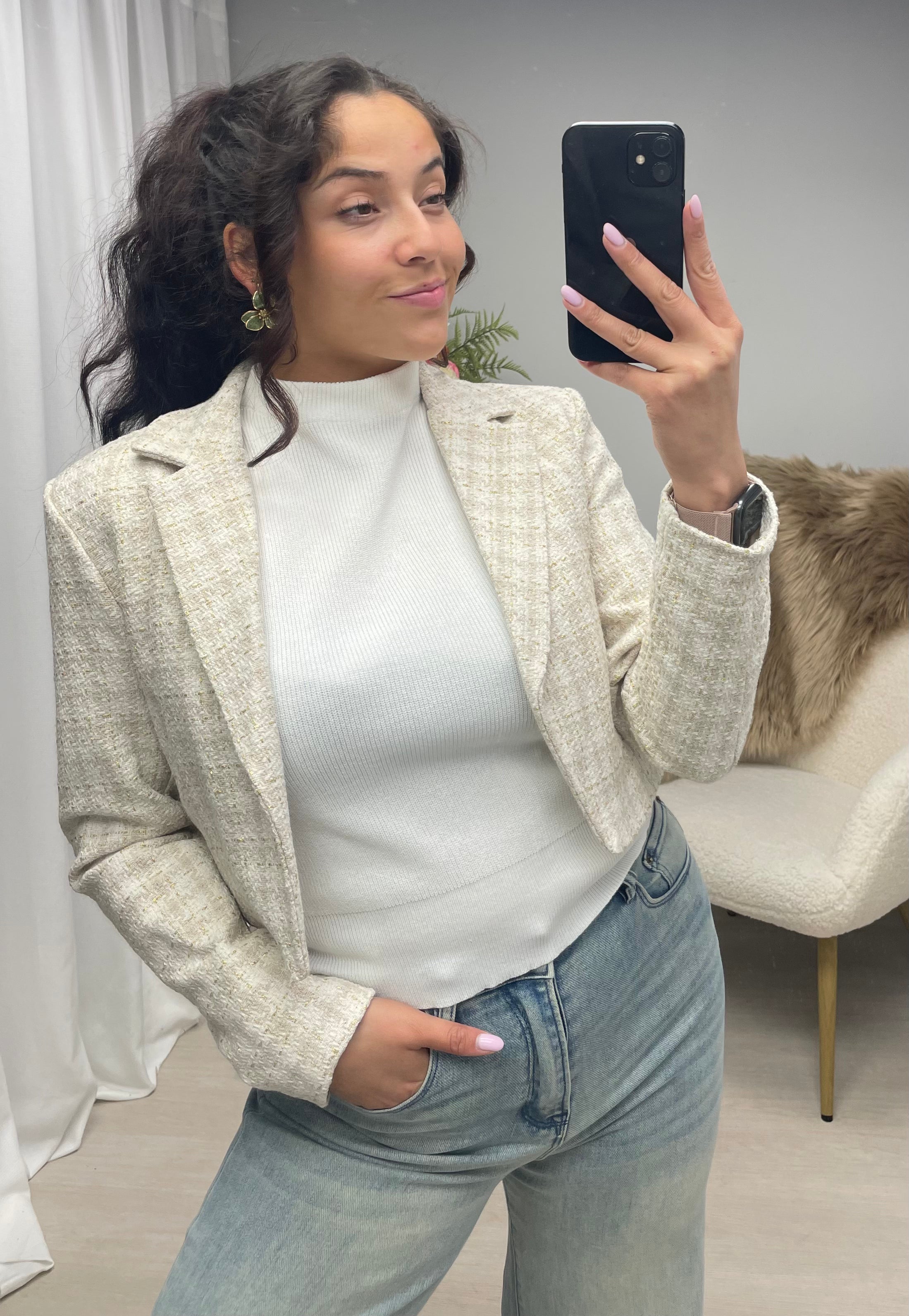 Tweed cropped blazer beige