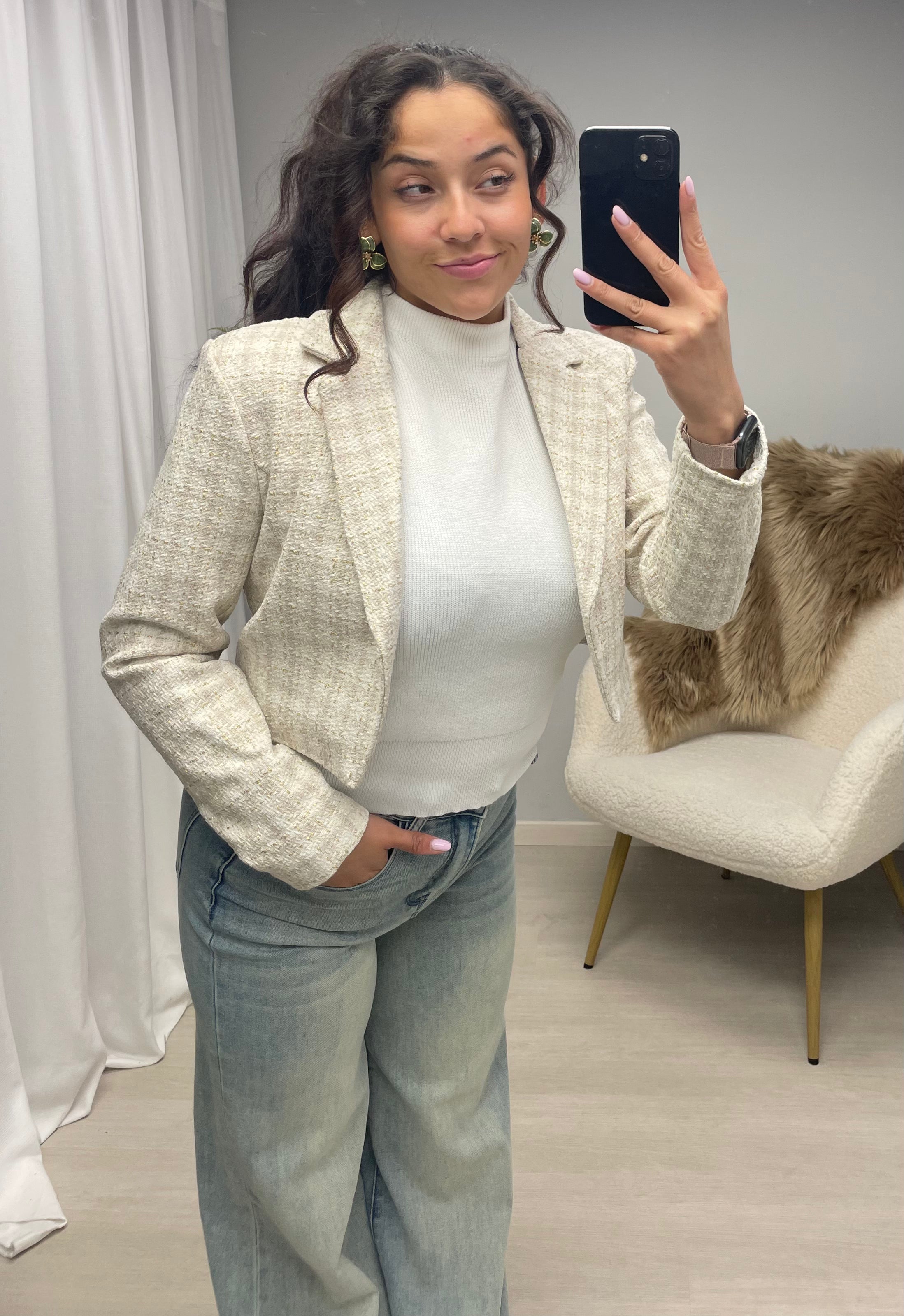 Tweed cropped blazer beige